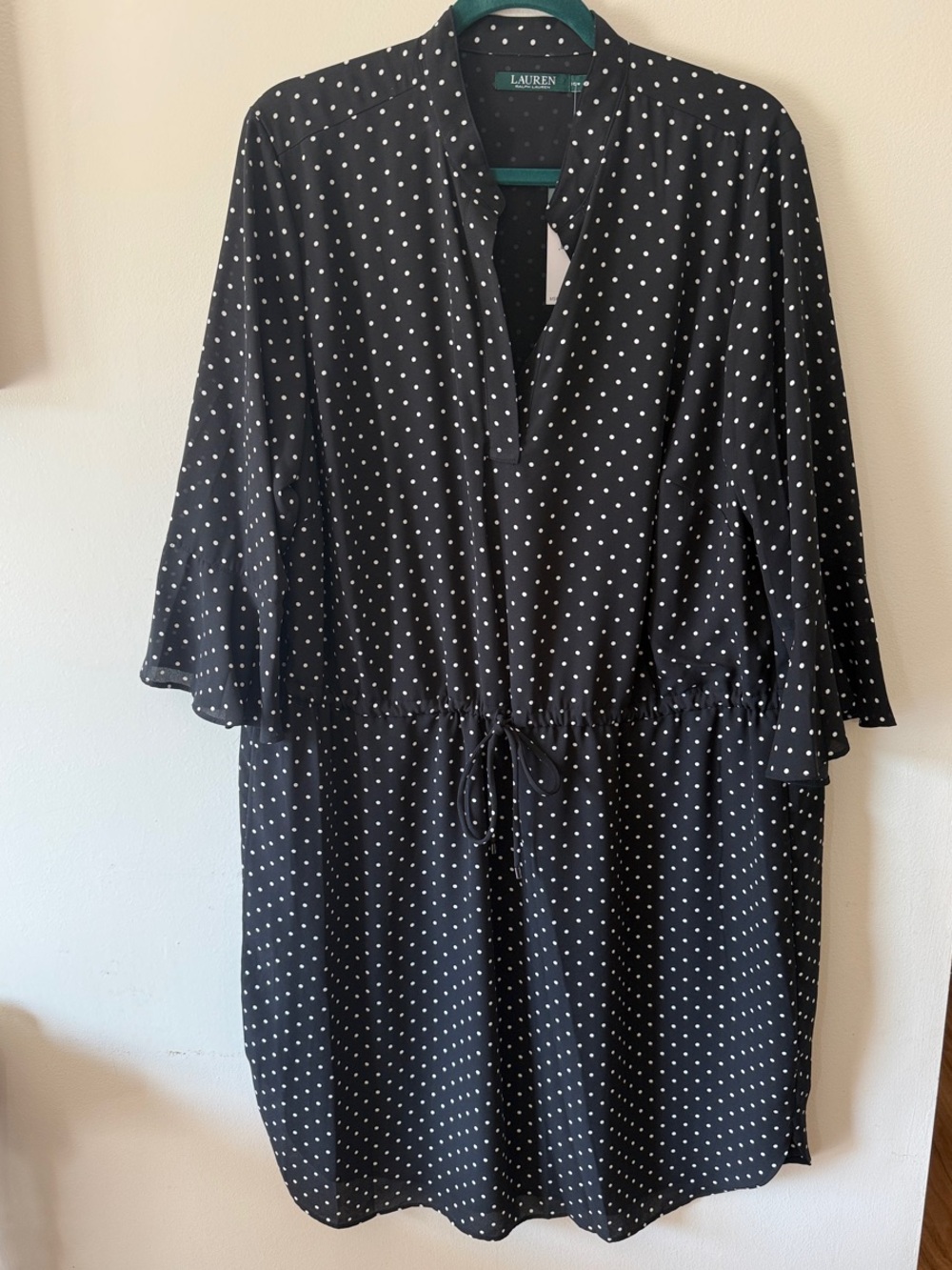 NWT Lauren Ralph Lauren Black with White Polka Dot Drawstring Dress 16W